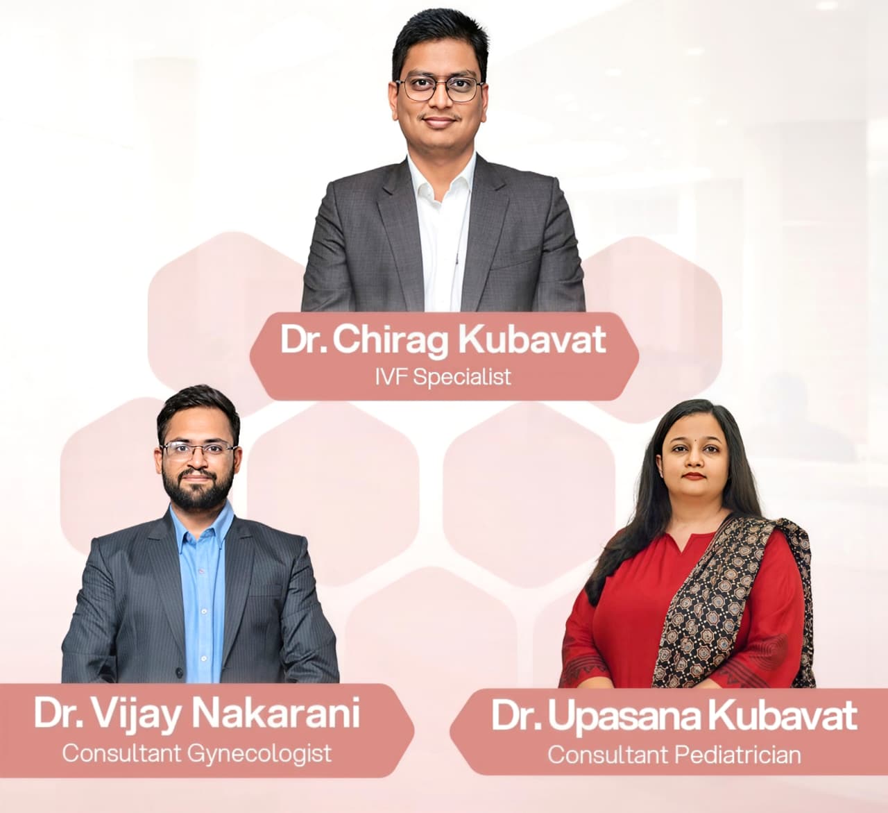 Doctors of Naari Hospital Amreli — Dr. Chirag Kubavat, IVF Specialist; Dr. Vijay Nakarani, Consultant Gynecologist; Dr. Upasana Kubavat, Consultant Pediatrician